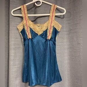 VINTAGE Blue and Cream Lace Trim Camisole